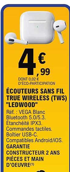 ÉCOUTEURS SANS FIL TRUE WIRELESS (TWS) "LEDWOOD"