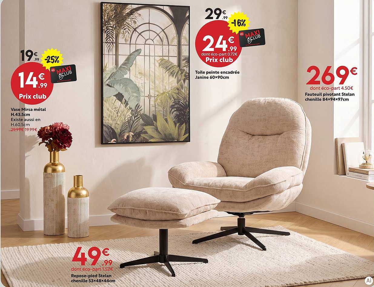 Fauteuil pivotant Stelan chenille 84×94×97cm