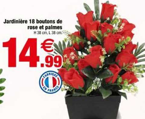 Jardinière 18 boutons de rose et palmes H 38 cm, L 38 cm