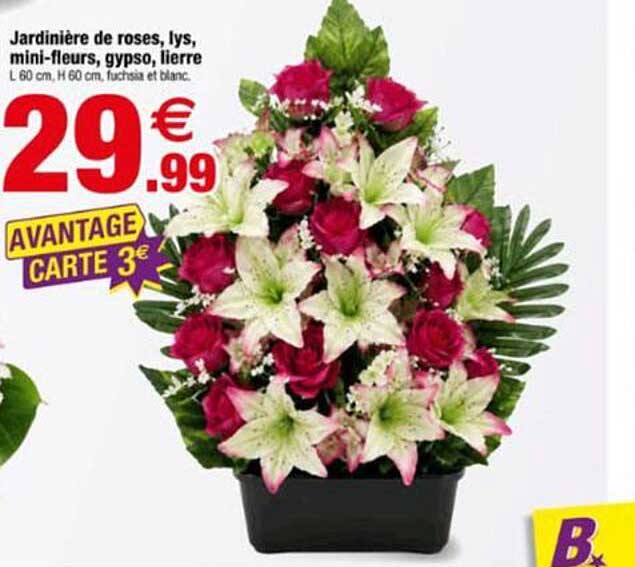 Jardinière de roses, lys, mini-fleurs, gypsso, lierre