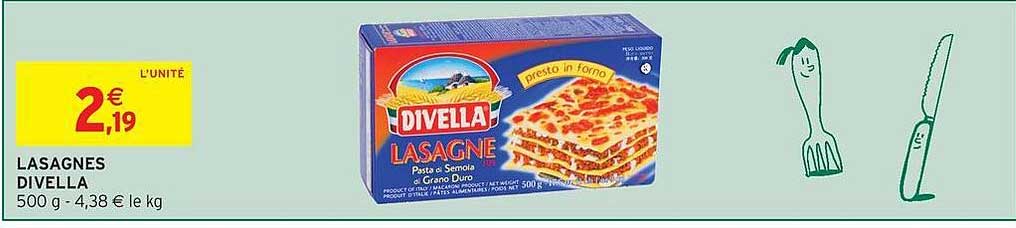 LASAGNES DIVELLA 500 g - 4,38 € le kg