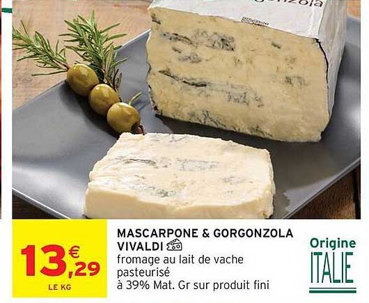 MASCARPONE & GORGONZOLA VIVALDI fromage au lait de vache pasteurisé à 39% Mat. Gr sur produit fini