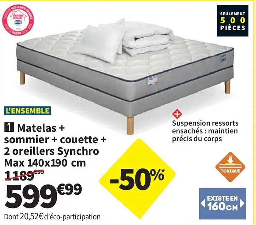 Matelas + sommier + couette + 2 oreillers Synchro Max 140x190 cm