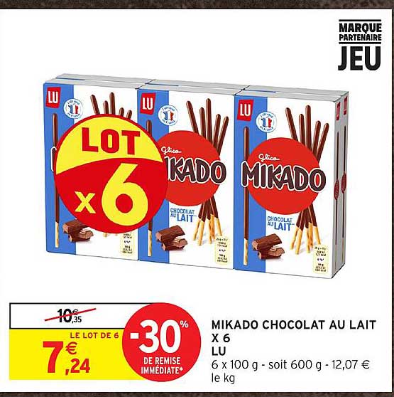 MIKADO CHOCOLAT AU LAIT X 6 LU