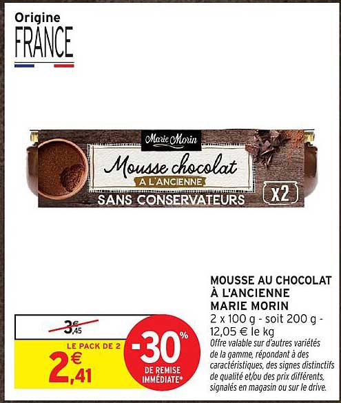 MOUSSE AU CHOCOLAT À L'ANCIENNE MARIE MORIN 2 x 100 g - soit 200 g - 12,05 € le kg