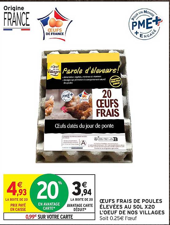 Œufs frais de poules élevées au sol x20 L’OEUF DE NOS VILLAGES