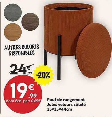 Pouf de rangement Jules velours côtelé 35×35×44cm