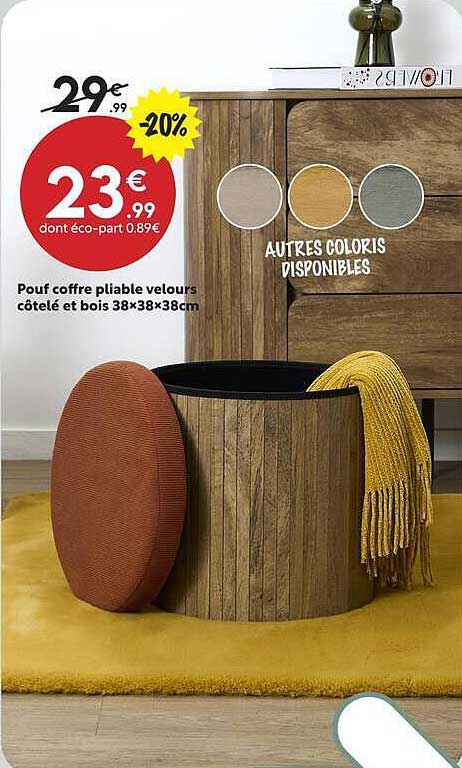 Pour coffre pliable velours côtelé et bois 38×38×38cm