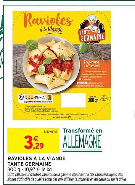 RAVIOLES À LA VIANDE TANTE GERMAINE 300 g - 10,97 € le kg