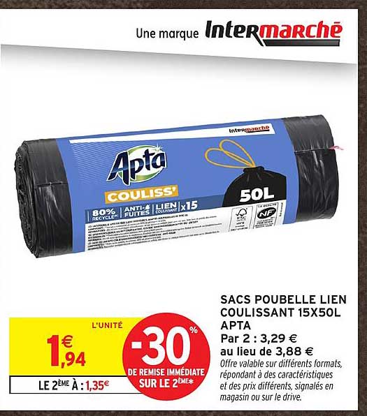 SACS POUBELLE LIEN COULISSANT 15X50L APTA