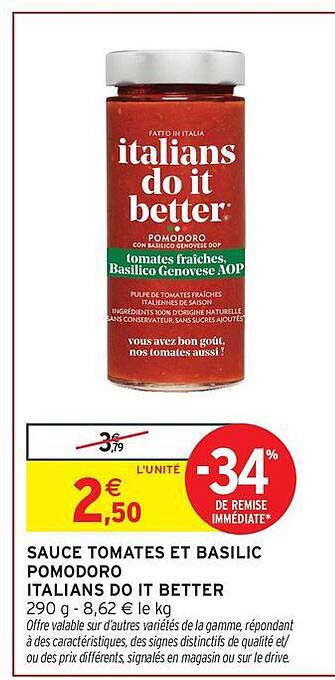 SAUCE TOMATES ET BASILIC POMODORO ITALIANS DO IT BETTER 290 g - 8,62 € le kg