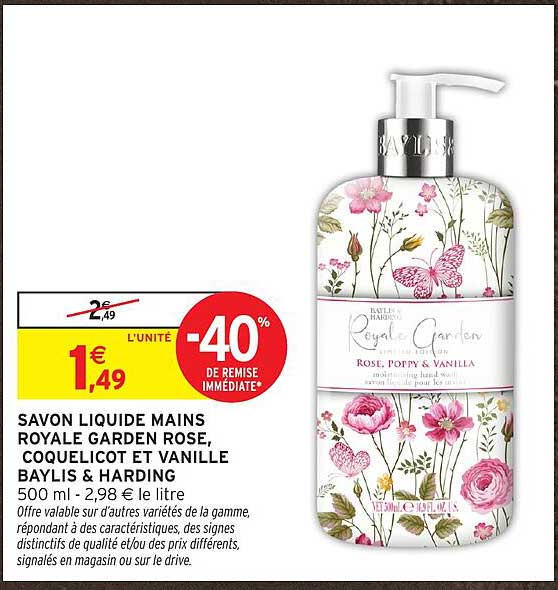 SAVON LIQUIDE MAINS ROYALE GARDEN ROSE, COQUELICOT ET VANILLE BAYLIS & HARDING 500 ml