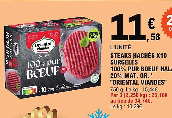 STEAKS HACHÉS X10 SURGELÉS 100% PUR BOEUF HALAL 20% MAT. GR. "ORIENTAL VIANDES"