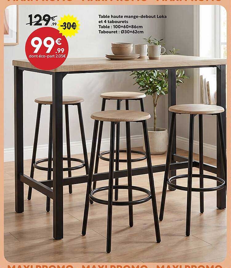 Table haute mange-debout Loka et 4 tabourets