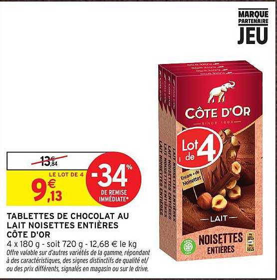 TABLETTES DE CHOCOLAT AU LAIT NOISETTES ENTIÈRES CÔTE D'OR