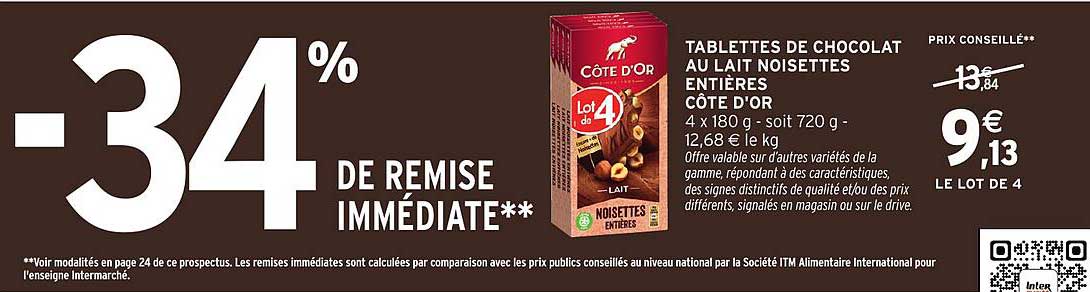 TABLETTES DE CHOCOLAT AU LAIT NOISETTES ENTIÈRES CÔTE D'OR