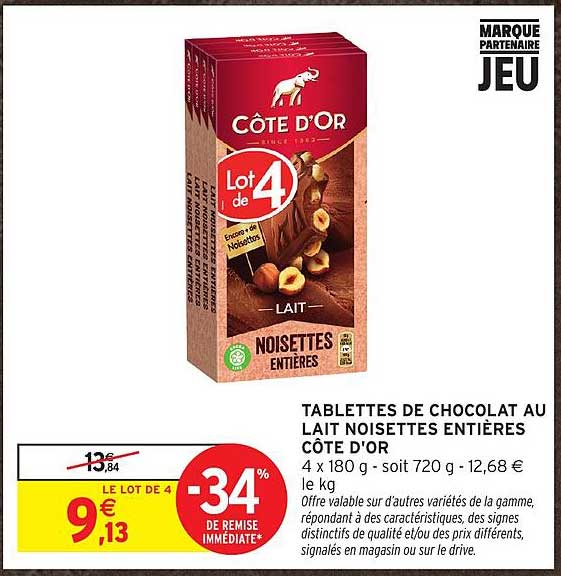 TABLETTES DE CHOCOLAT AU LAIT NOISETTES ENTIERES COTE D'OR