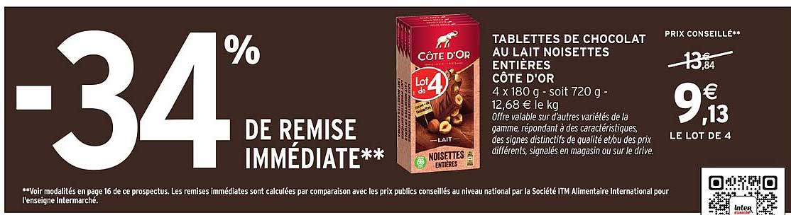 TABLETTES DE CHOCOLAT AU LAIT NOISETTES ENTIÈRES CÔTE D'OR