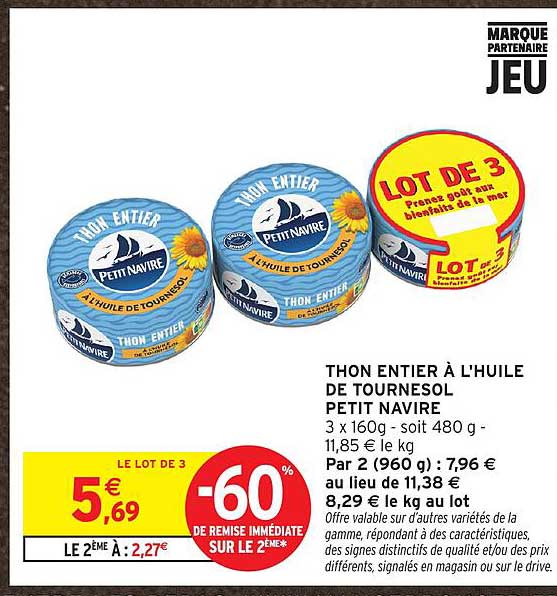 THON ENTIER À L'HUILE DE TOURNESOL PETIT NAVIRE