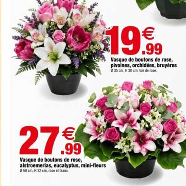 Vasque de boutons de rose, pivoines, orchidées, bruyères