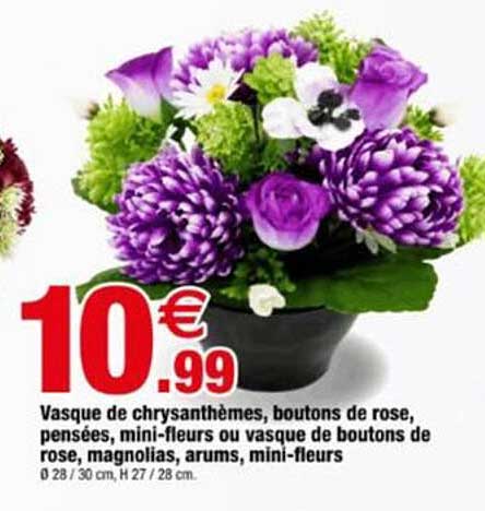 Vasque de chrysanthèmes, boutons de rose, pensées, mini-fleurs ou vasque de boutons de rose, magnolias, arums, mini-fleurs