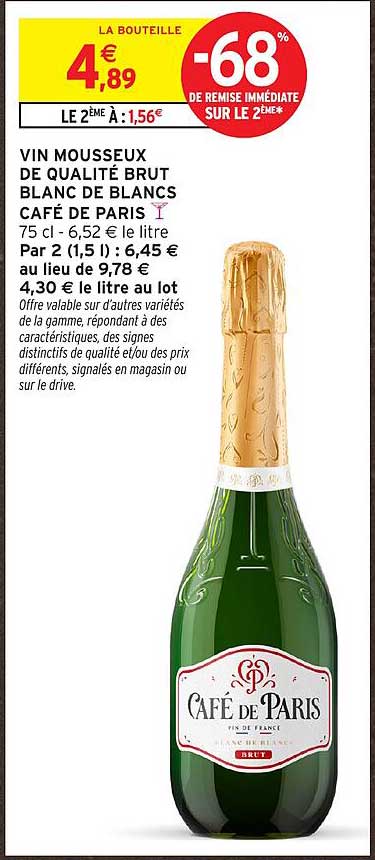 VIN MOUSSEUX DE QUALITÉ BRUT BLANC DE BLANCS CAFÉ DE PARIS
