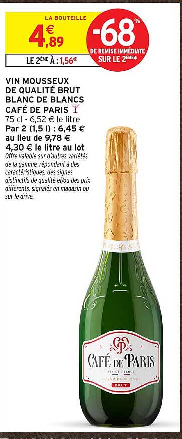 VIN MOUSSEUX DE QUALITÉ BRUT BLANC DE BLANCS CAFÉ DE PARIS