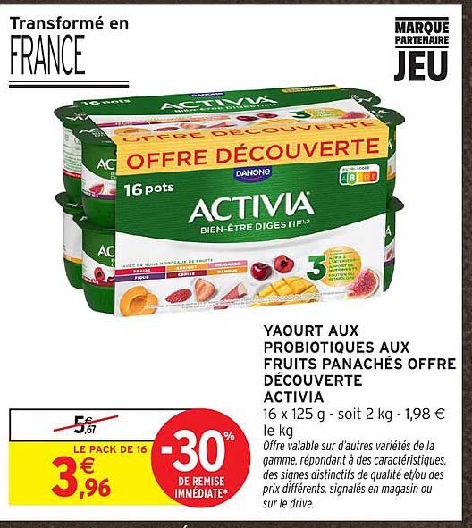YAOURT AUX PROBIOTIQUES AUX FRUITS PANACHÉS OFFRE DÉCOUVERTE ACTIVIA