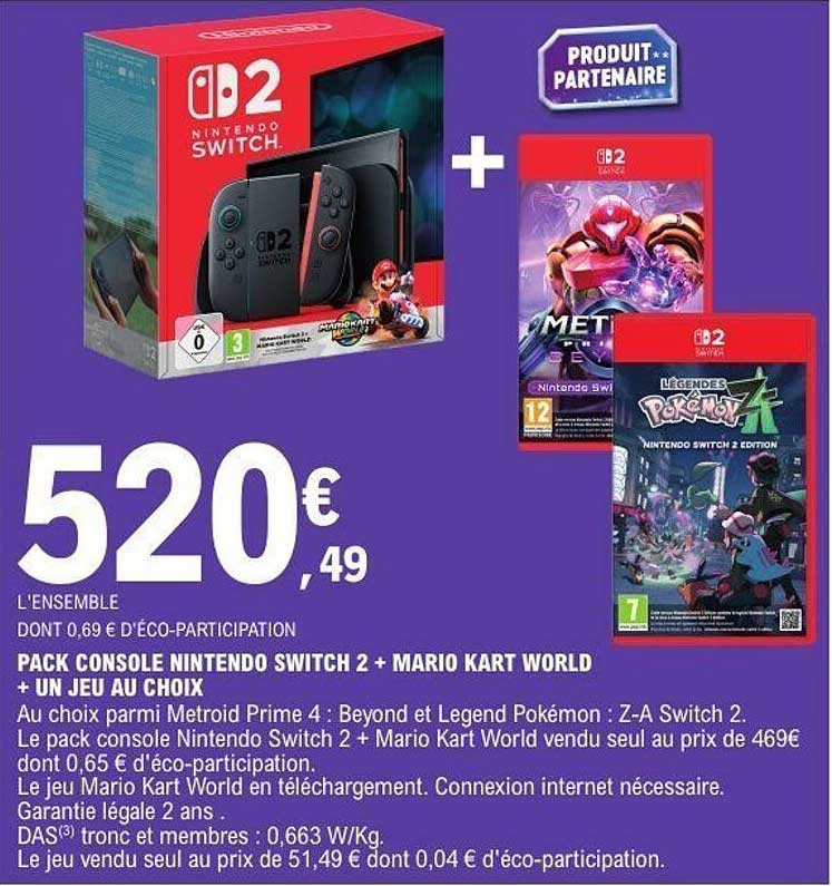PACK CONSOLE NINTENDO SWITCH 2 + MARIO KART WORLD + UN JEU AU CHOIX