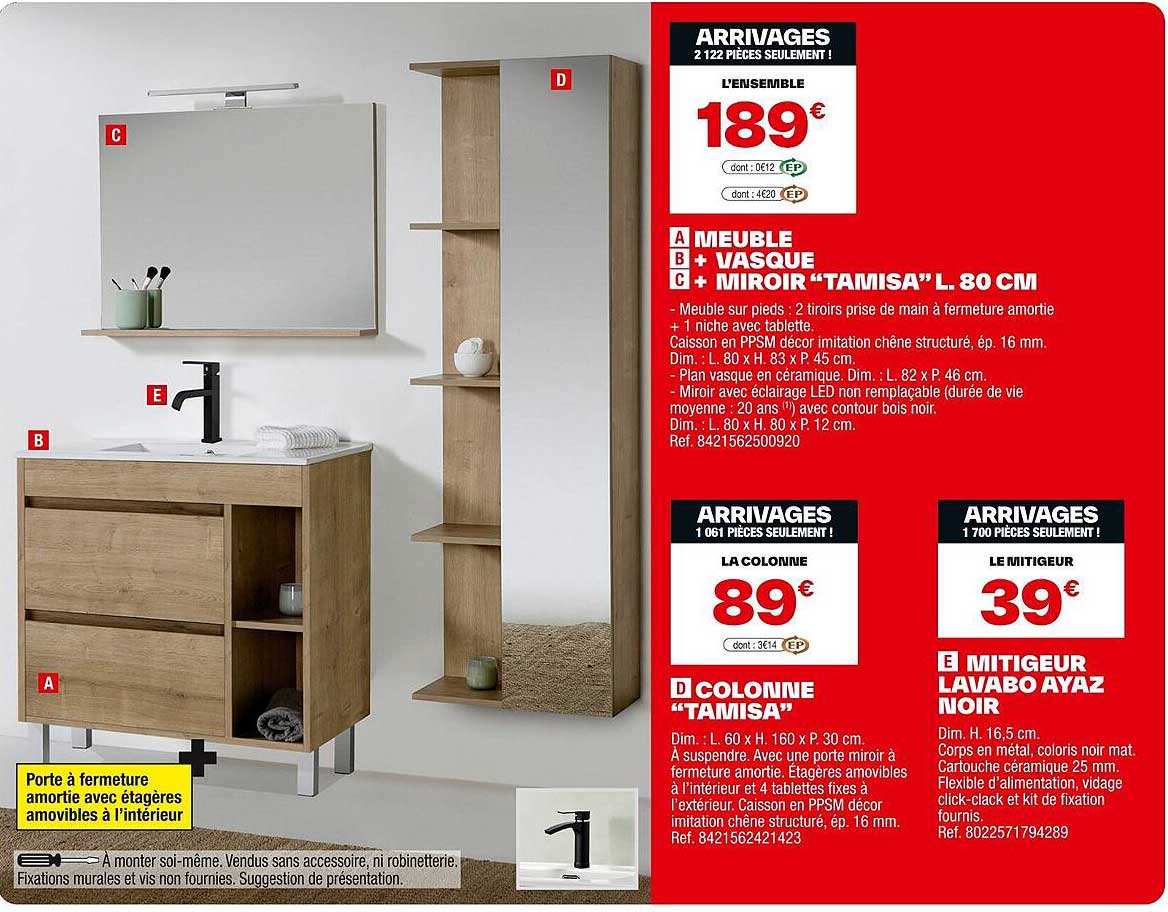 ENSEMBLE  MEUBLE + VASQUE + MIROIR “TAMISA” L. 80 CM