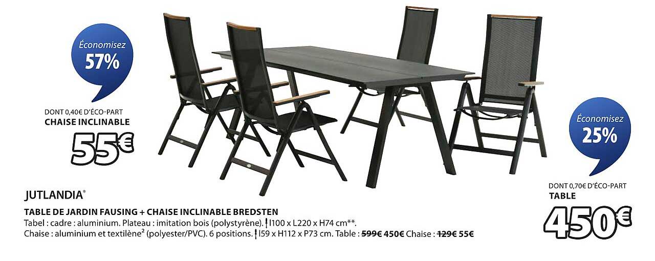 TABLE DE JARDIN FAUSING + CHAISE INCLINABLE BREDSTEN