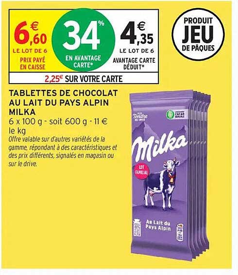 TABLETTES DE CHOCOLAT AU LAIT DU PAYS ALPIN MILKA