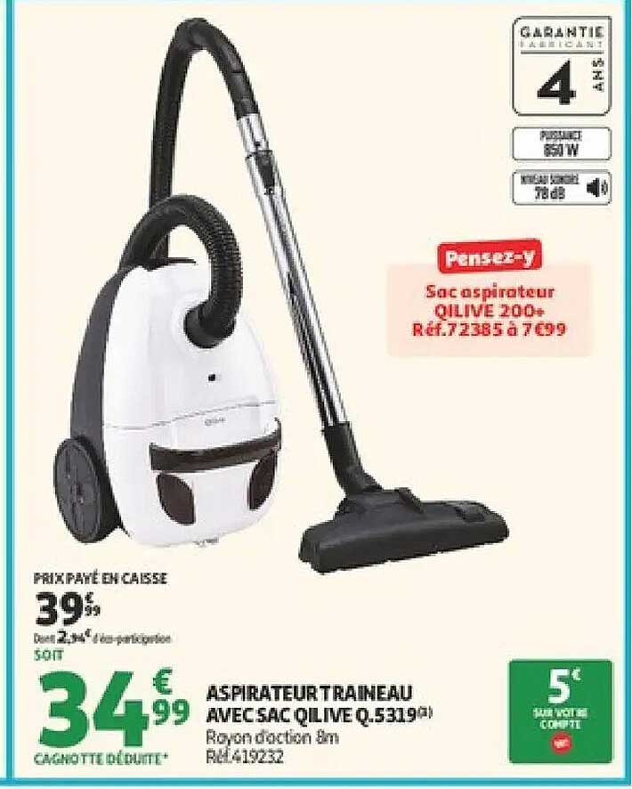 ASPIRATEUR TRAINEAU AVEC SAC QLIVE Q.5319