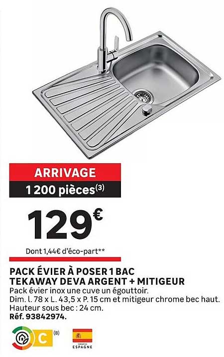 PACK ÉVIER À POSER 1 BAC TEKAWAY DEVA ARGENT + MITIGEUR