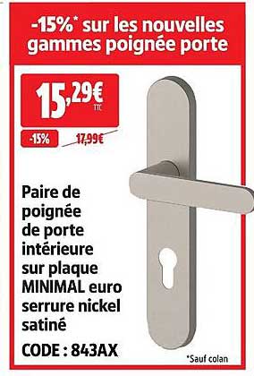 Paire de poignée de porte intérieure sur plaque MINIMAL euro serrure nickel satiné