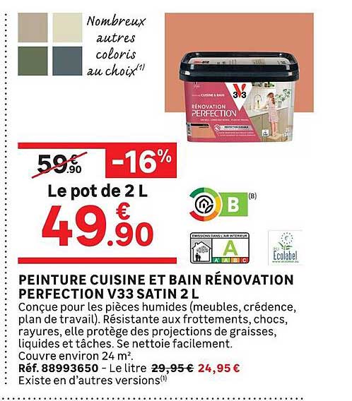 PEINTURE CUISINE ET BAIN RÉNOVATION PERFECTION V33 SATIN 2 L