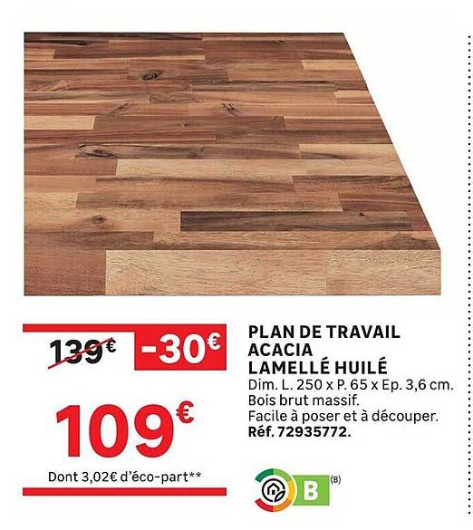 PLAN DE TRAVAIL ACACIA LAMELLÉ HUILÉ