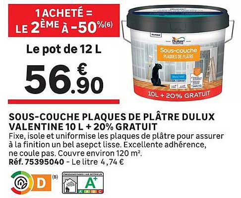 SOUS-COUCHE PLAQUES DE PLÂTRE DULUX VALENTINE 10 L + 20% GRATUIT