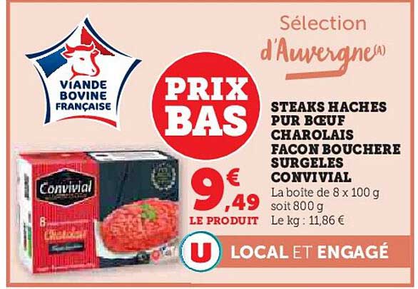 Steaks hachés pur bœuf Charolais façon bouchère surgelés Convivial
