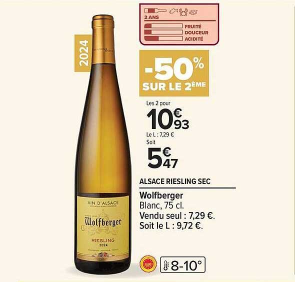 ALSACE RIESLING SEC Wolfberger Blanc, 75 cl. Vendu seul : 7,29 €. Soit le L : 9,72 €.
