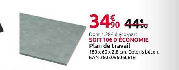 Plan de travail 180 x 60 x 2.8 cm. Coloris béton.
