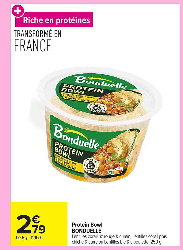 Protein Bowl BONDUELLE Lentilles corail riz rouge & cumin, Lentilles corail pois chiche & curry ou Lentilles blé & ciboulette, 250 g.