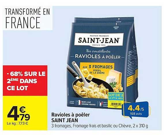 Ravioles à poêler SAINT JEAN 3 fromages, Fromage frais et basilic ou Chèvre, 2 x 310 g