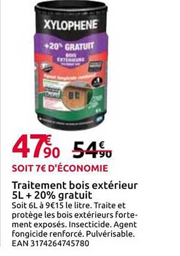Traitement bois extérieur 5L + 20% gratuit