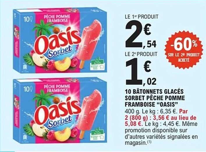 10 Bâtonnets Glacés Sorbet Pêche Pomme Framboise "Oasis"
