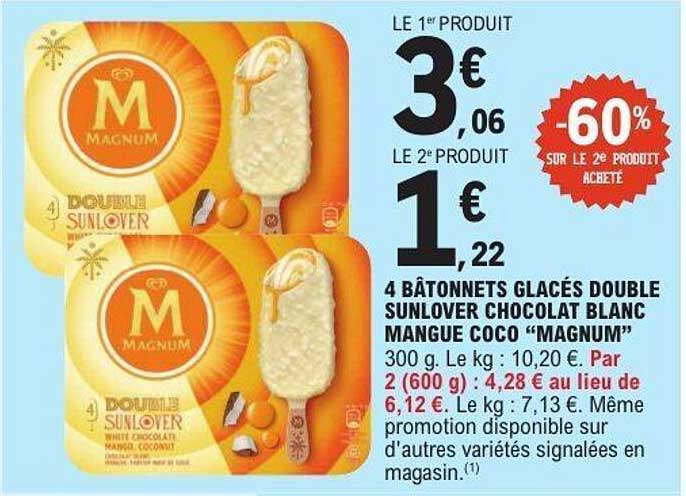 4 BÂTONNETS GLACÉS DOUBLE SUNLOVER CHOCOLAT BLANC MANGUE COCO "MAGNUM"