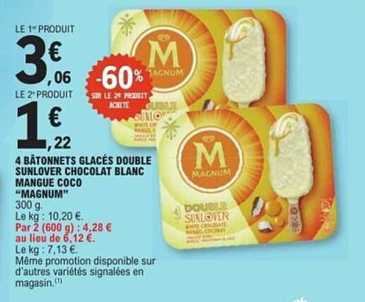 4 Bâtonnets Glacés Double Sunlover Chocolat Blanc Mangue Coco "Magnum"