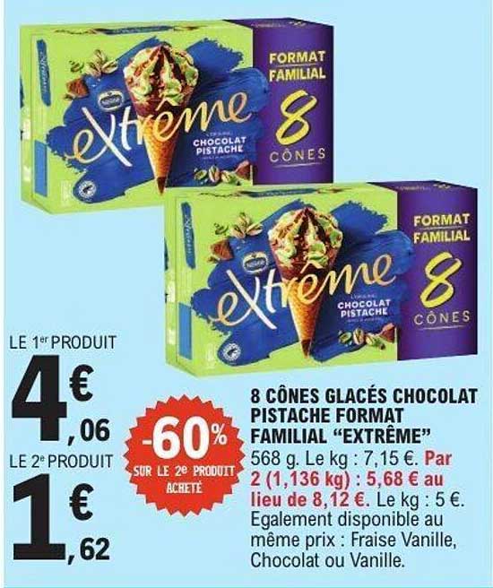 8 Cônes Glacés Chocolat Pistache Format Familial "Extrême"