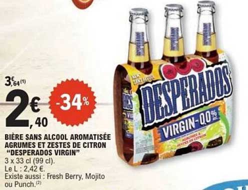 Bière sans alcool aromatisée Agrumes et zestes de citron “Desperados Virgin”