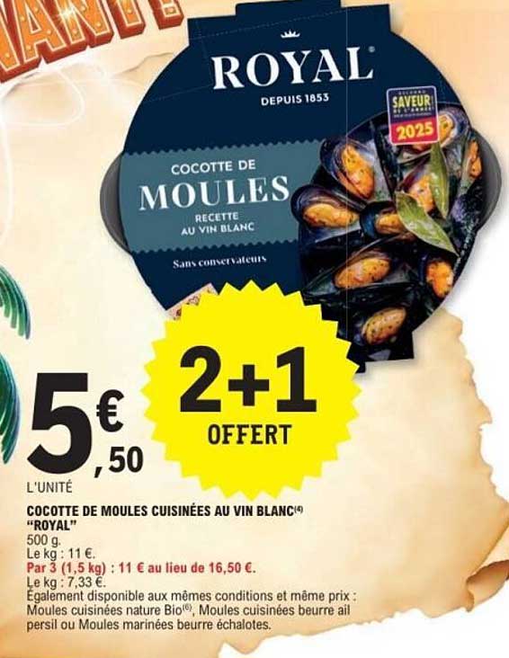 Cocotte de moules cuisinées au vin blanc "Royal"